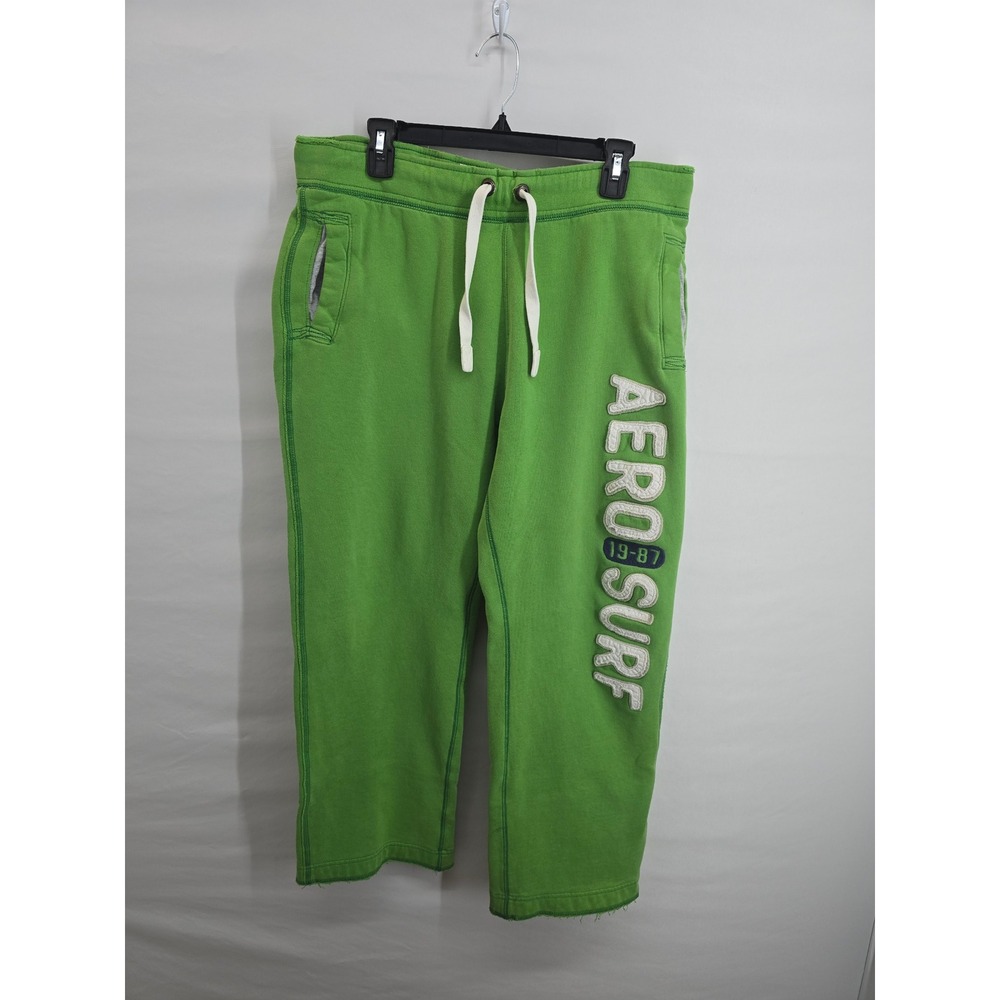 Aeropostale Mens Aero Surf 19-87 GraphicSweatpants Green Large L Raw Hem Joggers